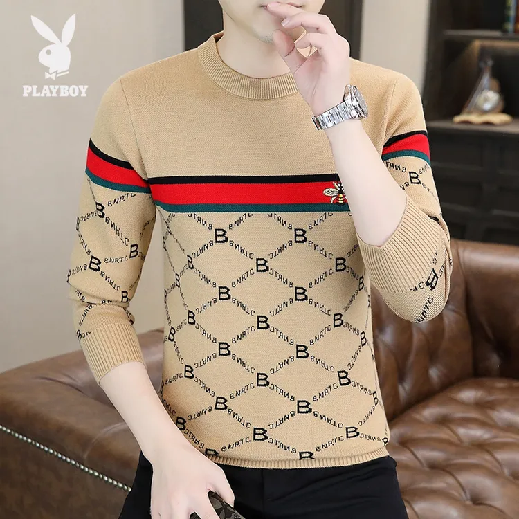 花花公子男士圆领毛衣秋冬季新款时尚保暖针织打底潮流百搭修身