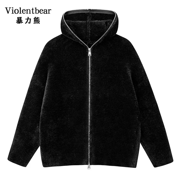 暴力熊2025美式休闲连帽拉链开衫毛衣男简约百搭马海毛针织衫外套