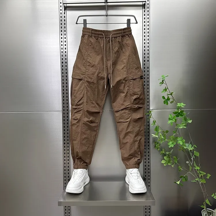 夏季新款薄款痞帅潮牌男装冰丝速干束脚裤男士宽松大码工装休闲裤