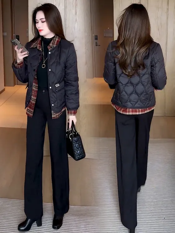 时尚轻薄棉服女2025秋冬新款时髦洋气拼接假两件保暖棉衣外套