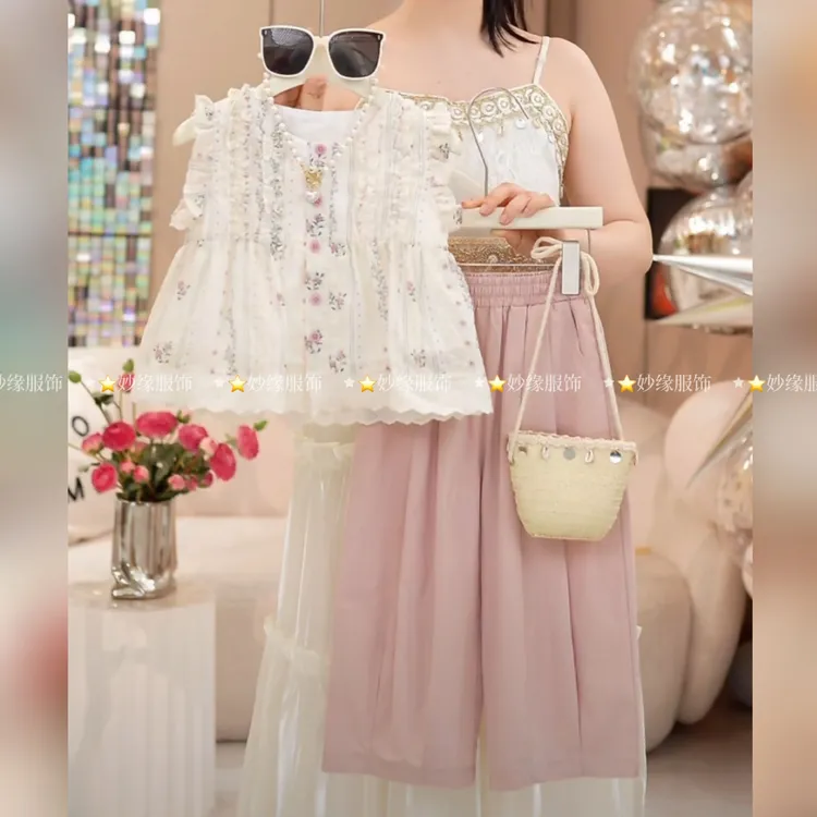  女童夏季2025新款韩版套装儿童洋气短袖衬衫夏装阔腿裤两件套