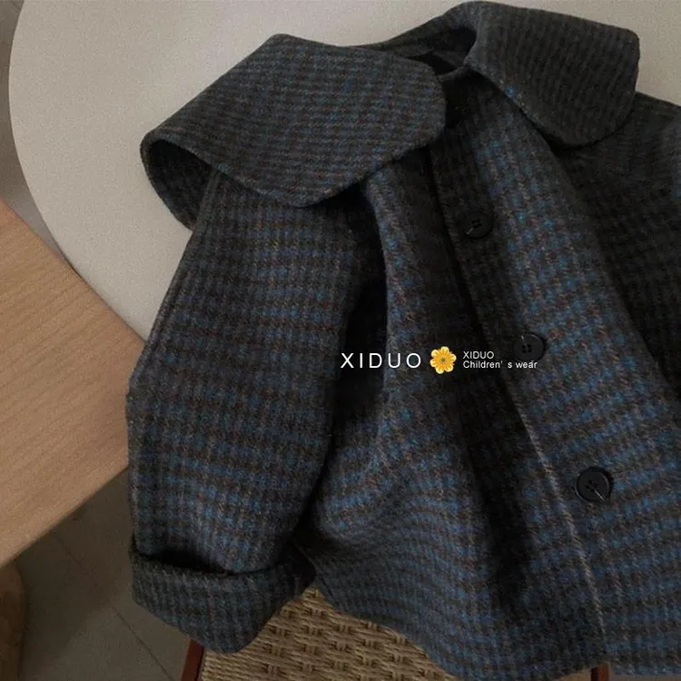 女童格子外套秋装韩国童装羊毛呢子儿童翻领休闲短款海军领大衣