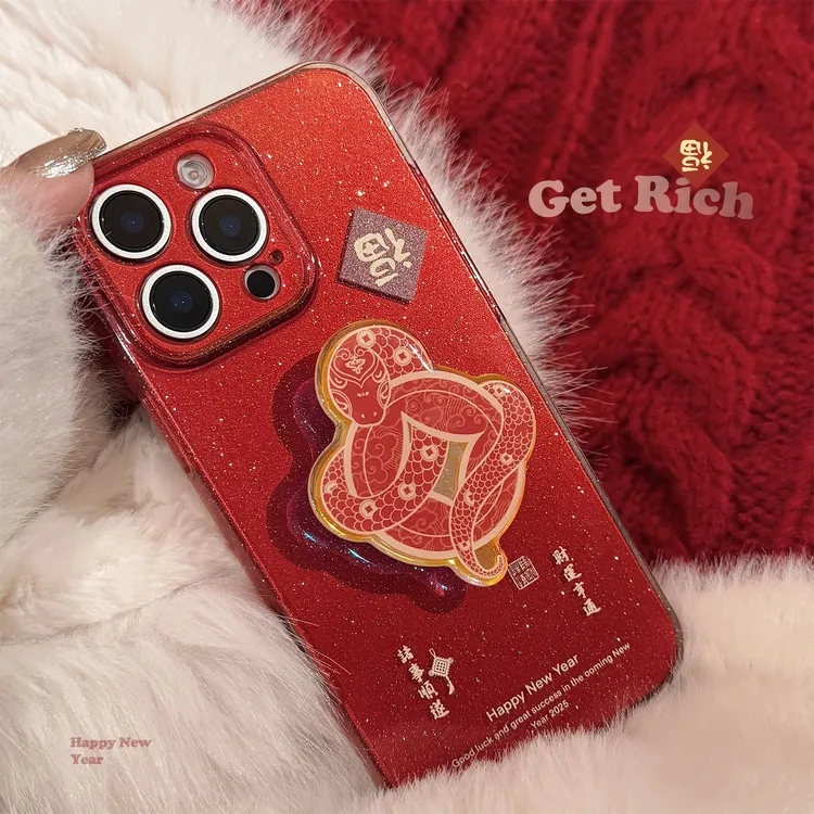 新年铜钱蛇支架适用16手机壳iphone15promax代发14国风闪粉13