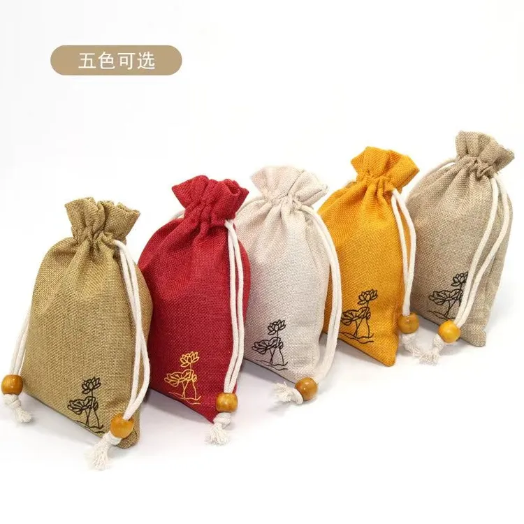 中国风亚麻袋棉麻锦囊包袋收纳文玩荷花抽绳礼品袋布袋首饰小布袋