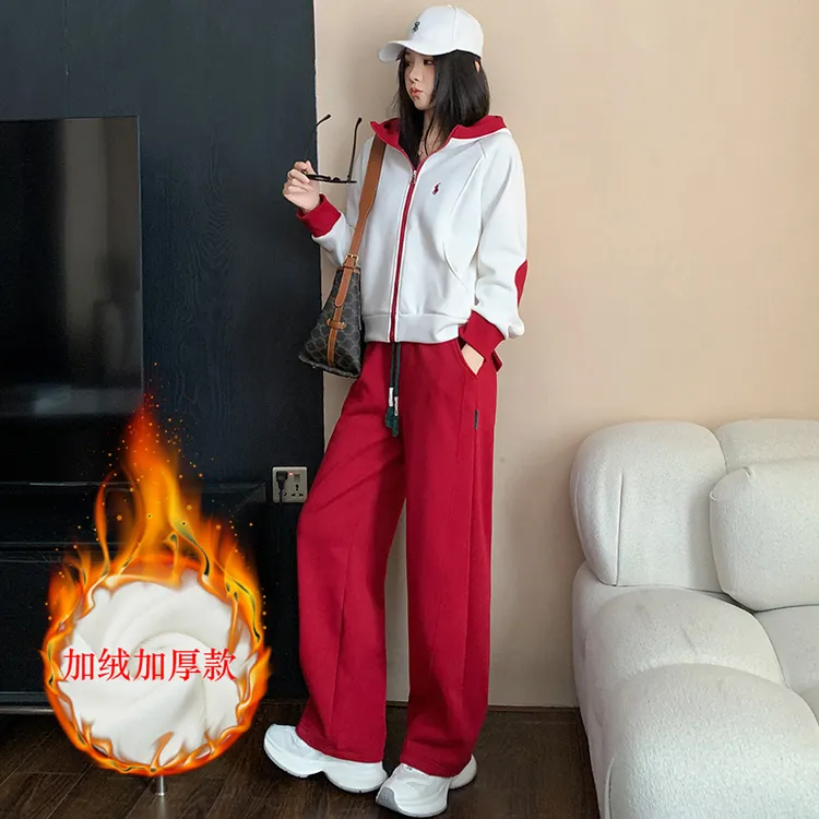 休闲韩版开衫上衣保暖套装加绒阔腿裤秋冬季时尚套装洋气时尚宽松