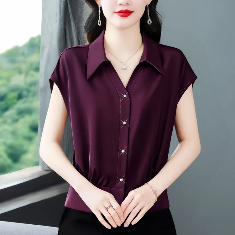 紫色雪纺衬衫女士短袖小衫2025新款夏装时尚减龄衬衣妈妈翻领上衣