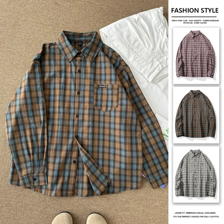 潮牌复古纯棉格子衬衫男女春秋内搭叠穿格纹长袖衬衣宽松情侣外套