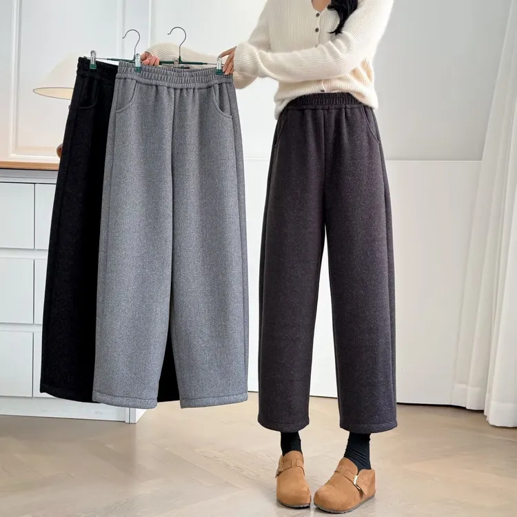 大码胖mm秋冬软糯毛呢阔腿八分裤奶奶裤女加绒保暖哈伦休闲裤026