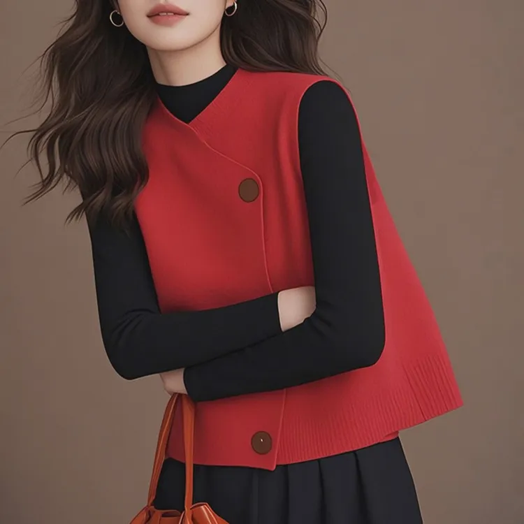 本命年新年衣服新中式红色盘扣针织马甲叠穿内搭高级感上衣女春