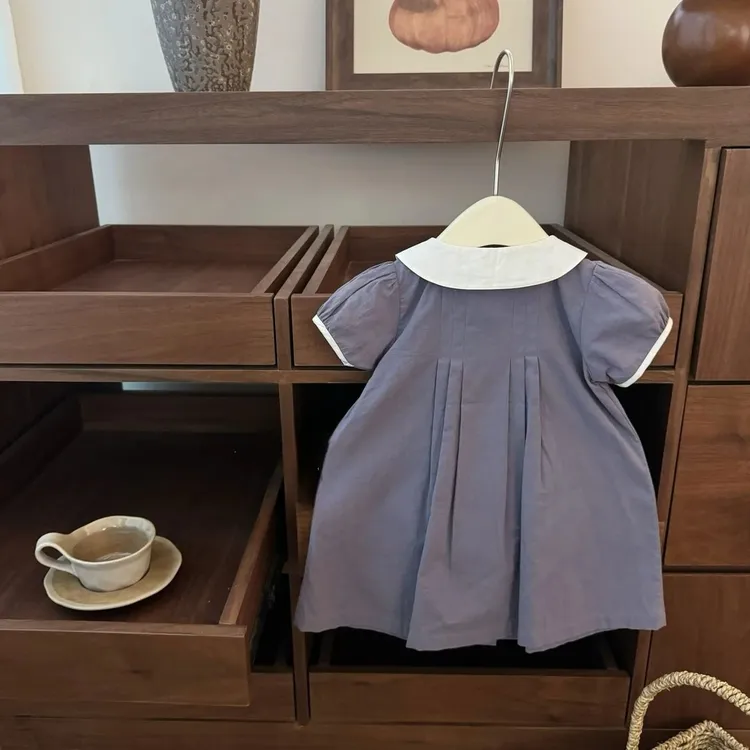 咸柠七baby特调蓝灰!女宝宝大牌双排扣娃娃领学院风A字版公主裙潮