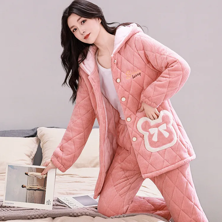 秋冬款三层夹棉加厚加绒女士睡衣湖南省服外出保暖时尚少女家居服