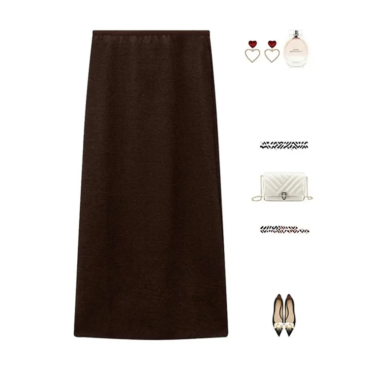 【醋酸羊绒+2个裙长】秋冬半身裙女中长裙显瘦松紧高腰后开叉直筒裙