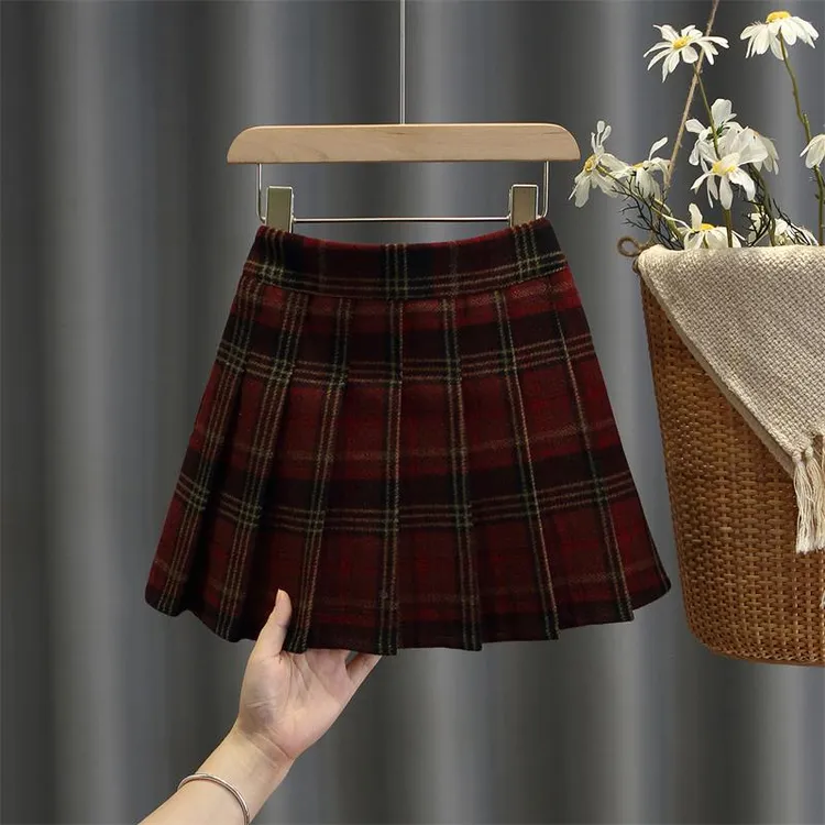 奥莱正品女童百褶裙秋冬新款儿童耶诞节半身裙安哥拉红格子毛呢短