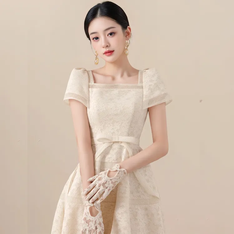 裙子女款爆款2025新款高级感蕾丝拼接连衣裙小众设计蝴蝶结礼服裙