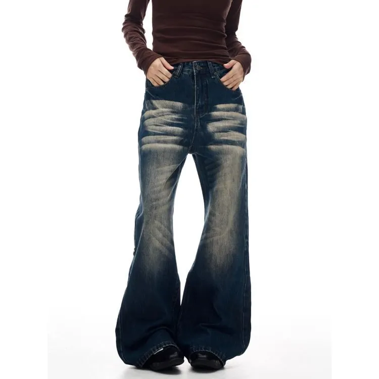 美式复古猫须脏脏牛仔裤男高街宽松设计感直筒垂感微喇情侣阔腿裤