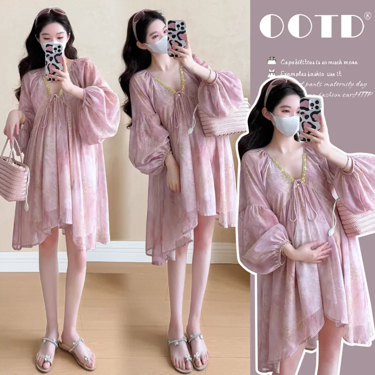 时髦孕妇装夏季新款仙女氛围感重工钉珠显白温柔度假高级感连衣裙