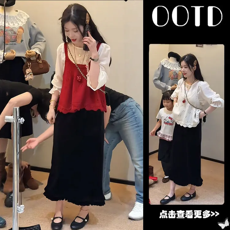 秋季套装女2025新款红色针织马甲叠穿衬衫高腰显瘦半身裙三件套