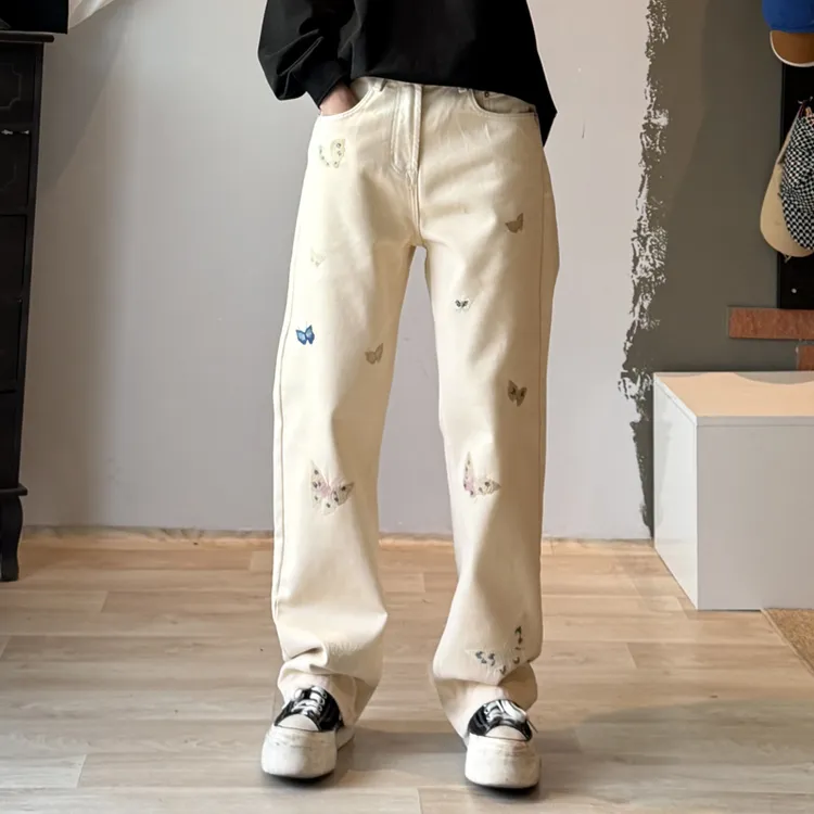 【蝴蝶】25秋冬磨毛男士时尚刺绣加绒冬季休闲裤秋冬牛仔裤宽松美式