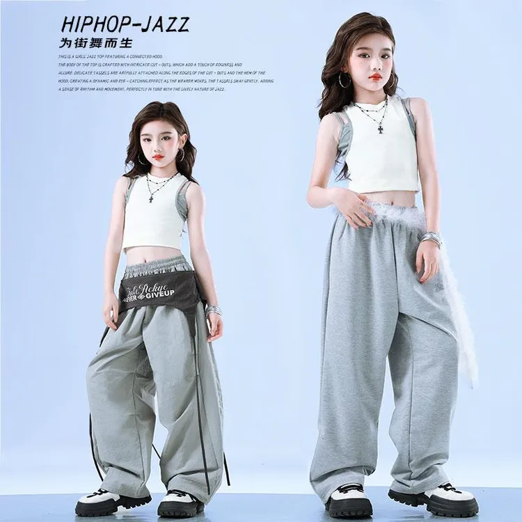 新品巴拉巴拉女童爵士舞表演潮服儿童露脐背心工装裤女孩练功