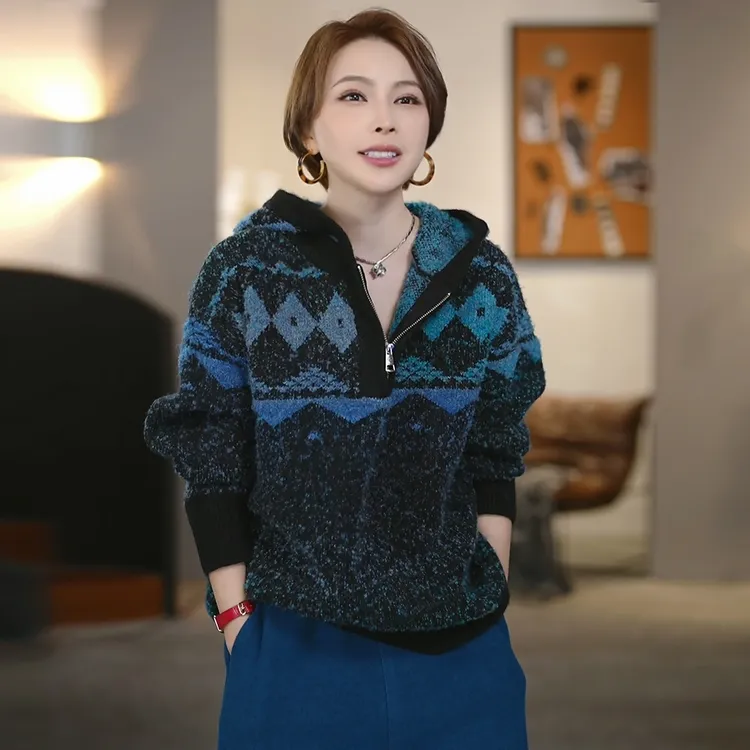 溶溶【极光雪蓝】RONGRONG 羊毛混纺费尔岛提花半拉链毛衣2505K532