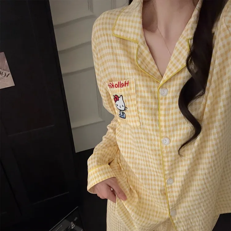云朵棉睡衣女春秋季长袖大码2025新款开衫黄格kt猫冬天套装家居服