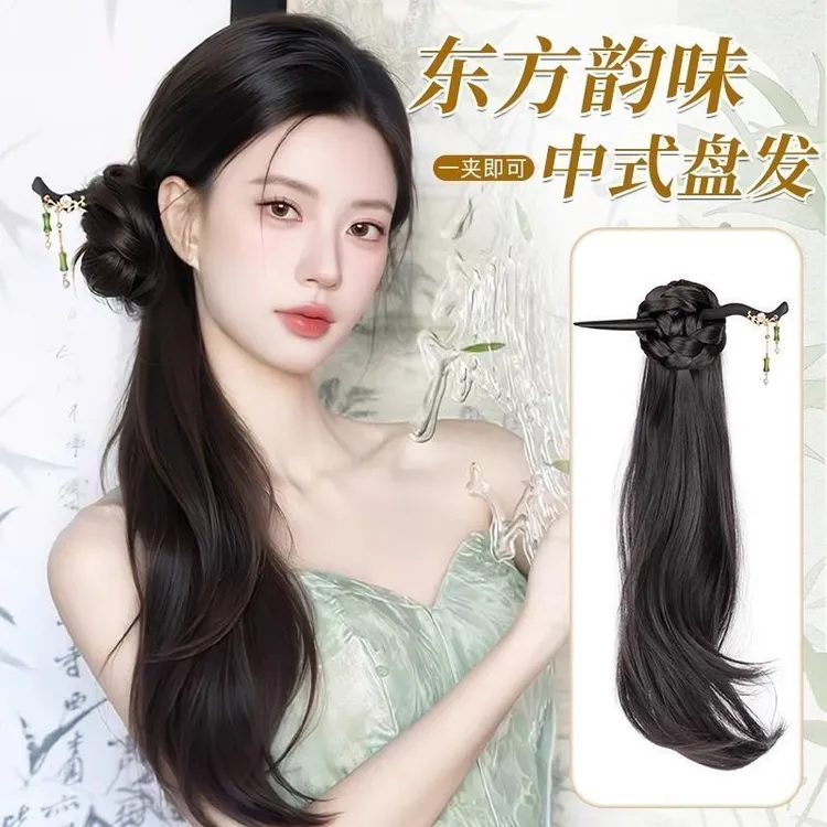 新中式假发辫马尾女轻国风马尾假发抓夹古风汉服旗袍编发侧马尾辫