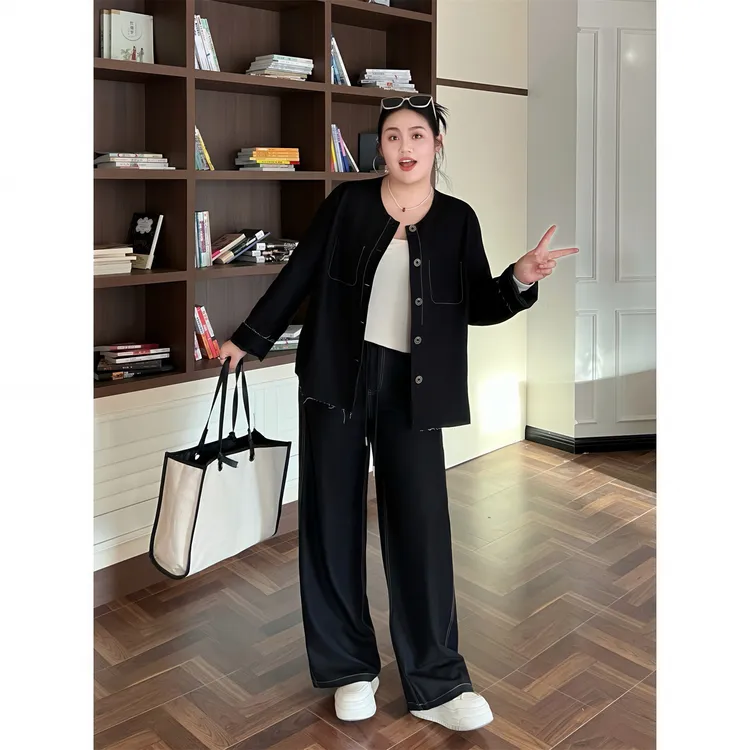 花契"雾都晨报"大码女装秋季显瘦200斤胖mm暗竹节牛仔套装15838-F