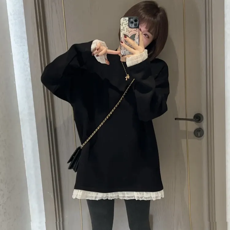 设计感简约花边加绒圆领卫衣女秋冬新款宽松百搭休闲显瘦中长上衣