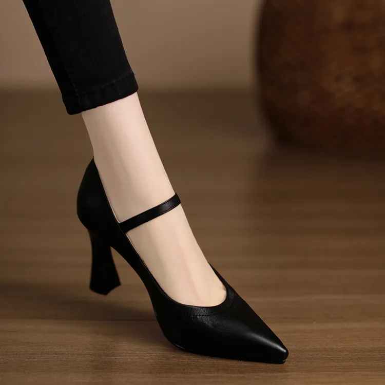小个子手工女鞋8cm~不累脚尖头粗跟高跟鞋春季新款真皮职业单鞋女