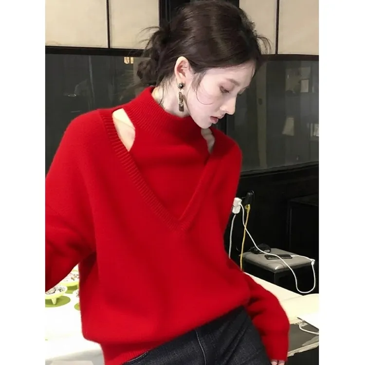 巨好看的早秋穿搭气质轻熟韩系高级感红色针织衫叠穿背心假两件女