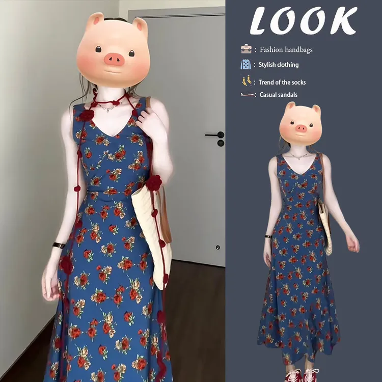 时尚穿搭女2025春季新款洋气百搭显瘦复古港风修身无袖碎花连衣裙