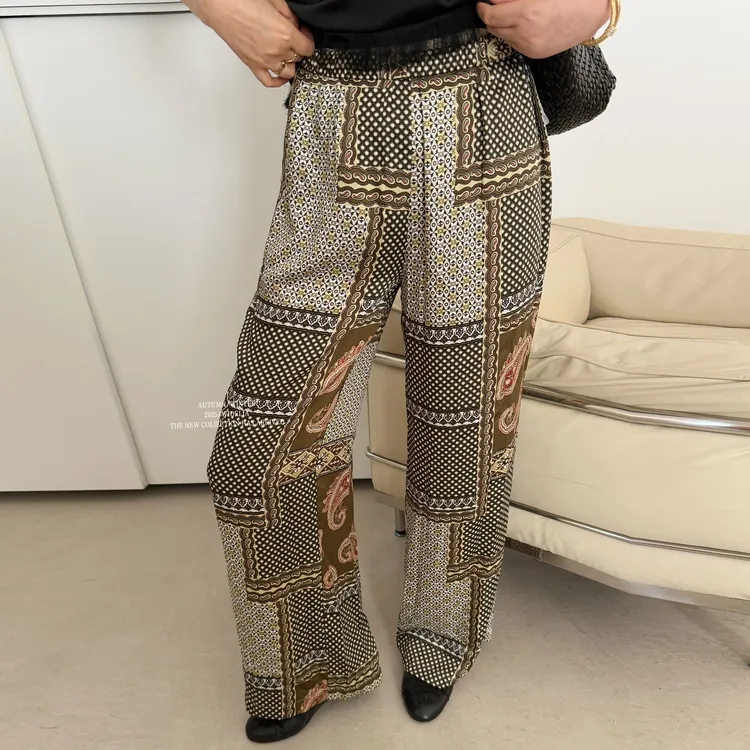 widelia夏季7369波西米亚复古印花格子时尚宽松显瘦直筒休闲裤