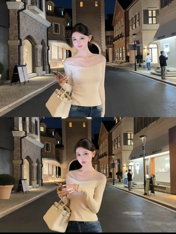 现货春日部【云肩星河】修身气质设计感百搭显瘦烫钻长袖上衣01321