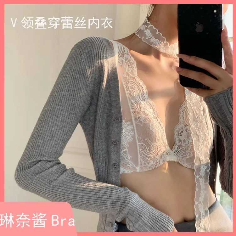 法式性感蕾丝内衣女夏季薄款大胸显小防下垂上托纯欲美背文胸套装