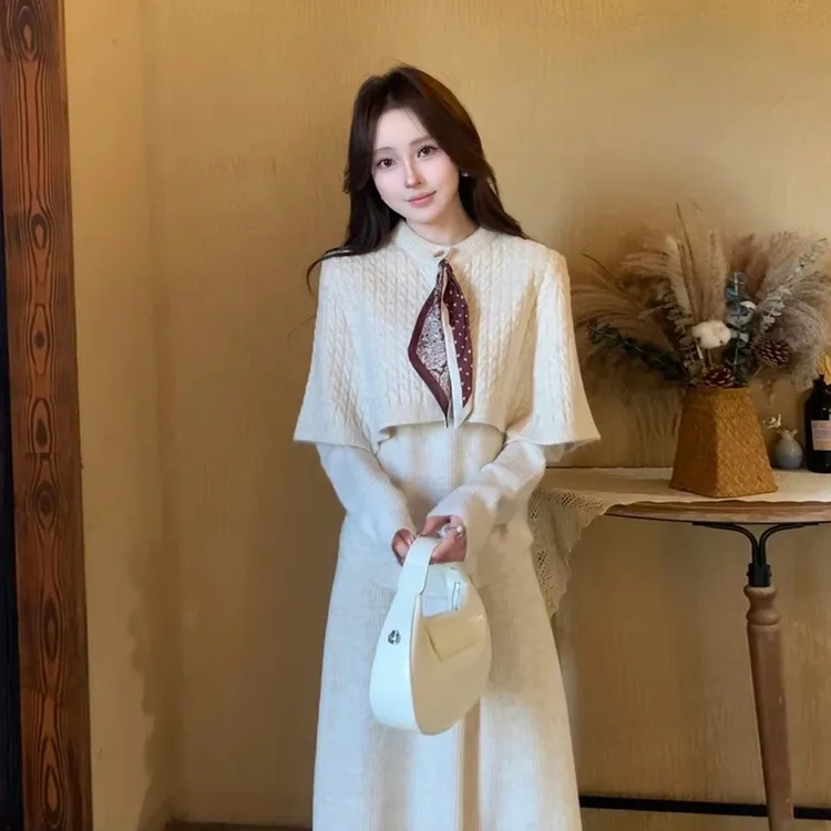 【丝巾斗篷+上衣+半身裙三件套】立体绞花时尚针织套装裙子穿搭9217