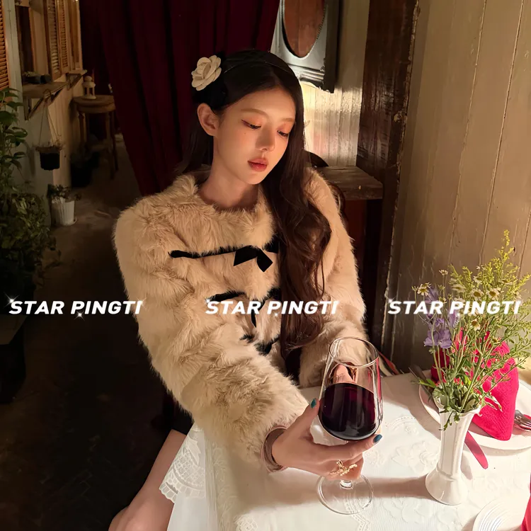 毛毛外套女冬季气质名媛百搭丝绒蝴蝶结环保皮草加厚保暖短款上衣