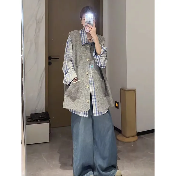 慵懒周末 大版阔型设计感格纹衬衫气质无袖马夹阔腿牛仔裤三件套