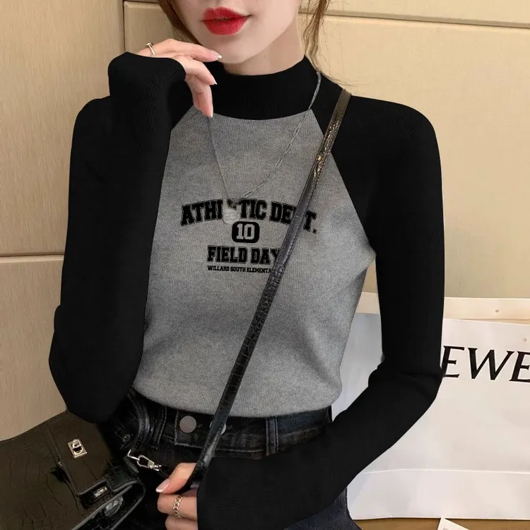 长袖休闲风印花时尚加厚长袖T恤韩版秋季洋气秋冬百搭修身显瘦