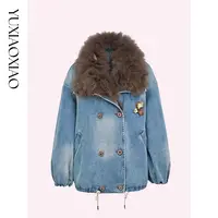 余潇潇【狂野冬日】棉感斜纹牛仔狐狸毛翻领宽松派克95鹅绒皮草外套