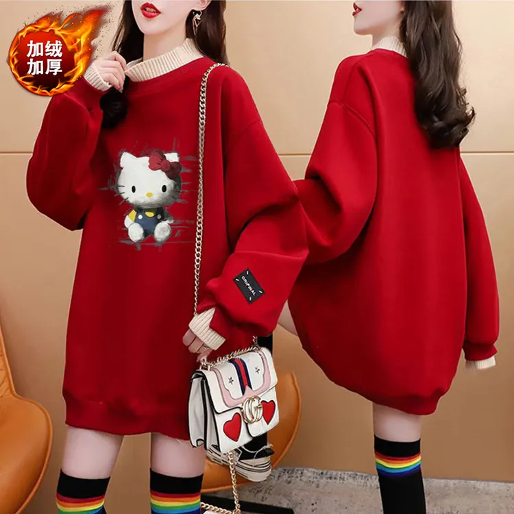 大码女装假两件红色加绒加厚卫衣女秋冬新款韩版宽松百搭长袖上衣