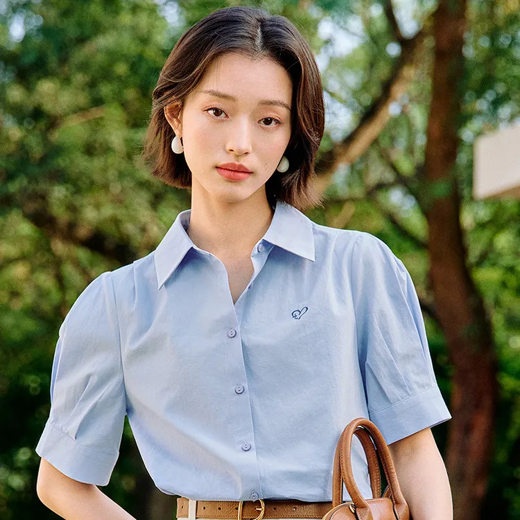 【视频同款】茵曼田园刺绣短袖衬衣高级感舒适衬衫F18528119