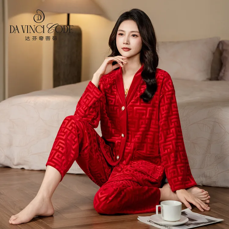 DAVINCIART达芬奇密码新款红色金砖绒大牌高档睡衣保暖舒适家居服