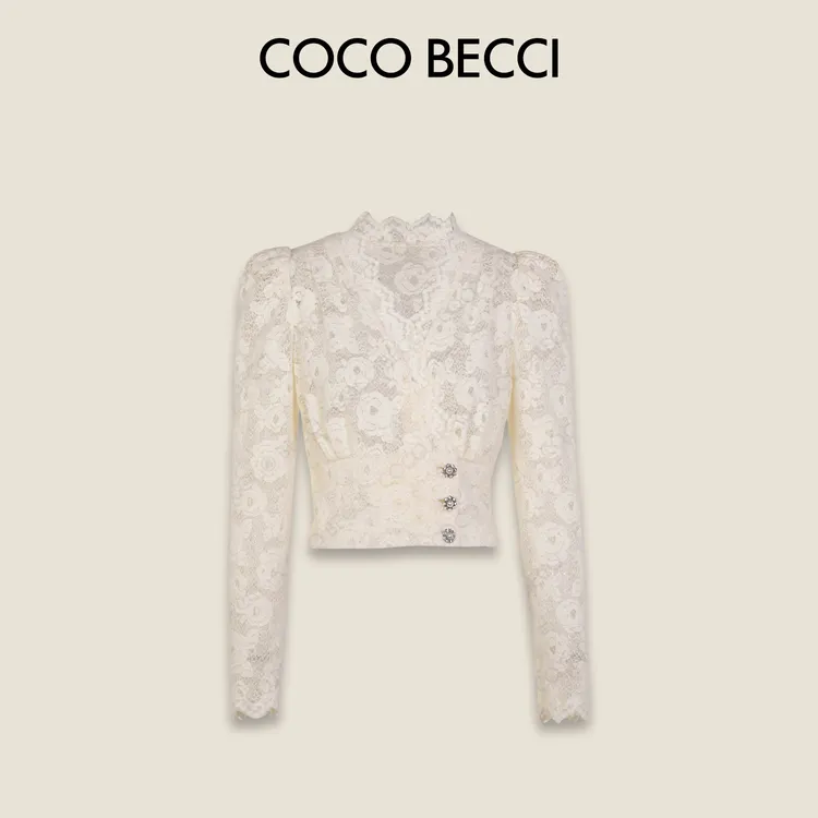 COCO BECCI【白玫瑰】绒毛轻熟优雅气质V领蕾丝小衫CFXYC214010