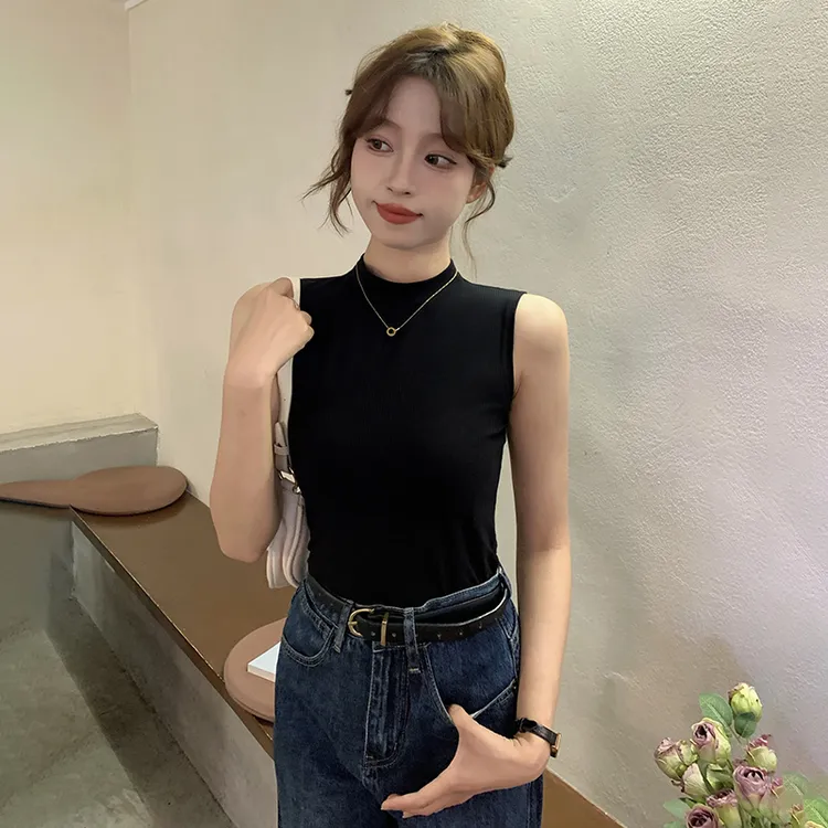 黑色半高领无袖吊带背心女内搭春夏新款修身打底百搭时尚外穿上衣