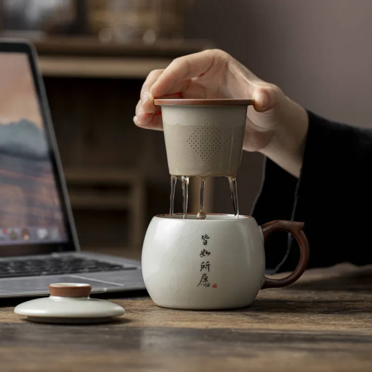 汝窑茶水分离带盖办公杯个人专用水杯陶瓷家用喝泡茶杯子手写定制