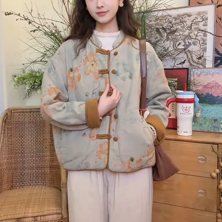双面穿中国风纽扣装饰减龄休闲棉服女复古休闲新中式百搭洋气棉服