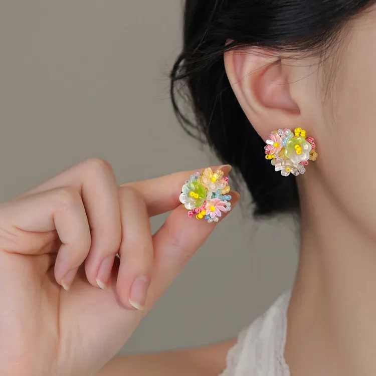足银亚克力耳饰 999银针多巴胺花朵耳钉少女彩色小众清新甜美气质