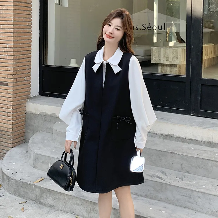 黑色蝴蝶结背心裙衬衫套装2025新款女春秋减龄miu系小个子连衣裙