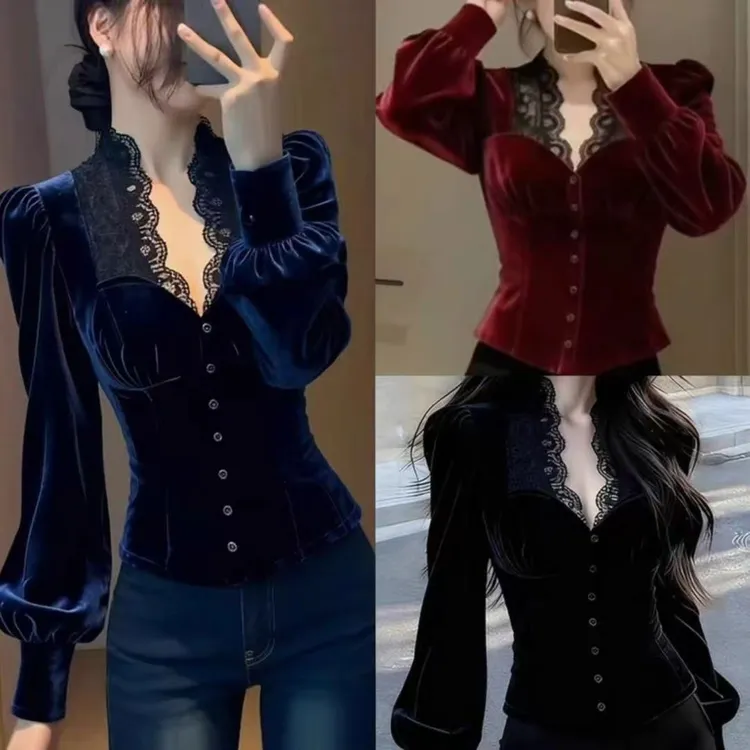 朵伊家【法式矜贵】新款丝绒拼接蕾丝上衣高端设计感上衣910