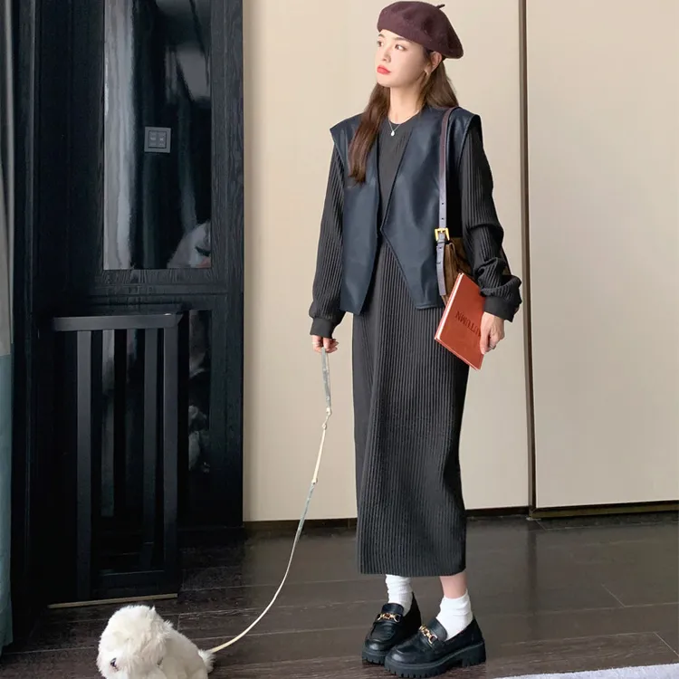 高级感长袖连衣裙马甲套装女2025春秋新款韩版减龄洋气长裙两件套
